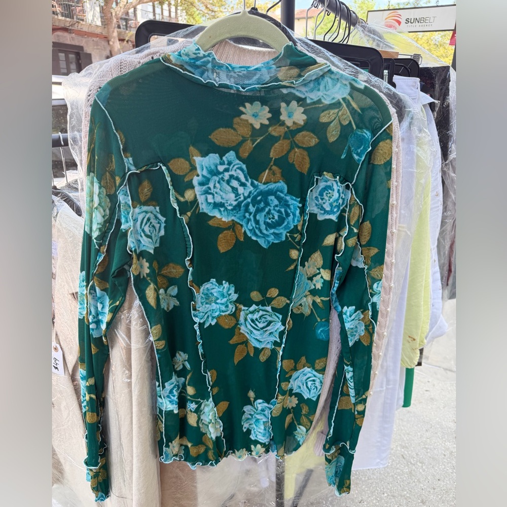 Free People Teal Green Floral Mesh Long Sleeve Top